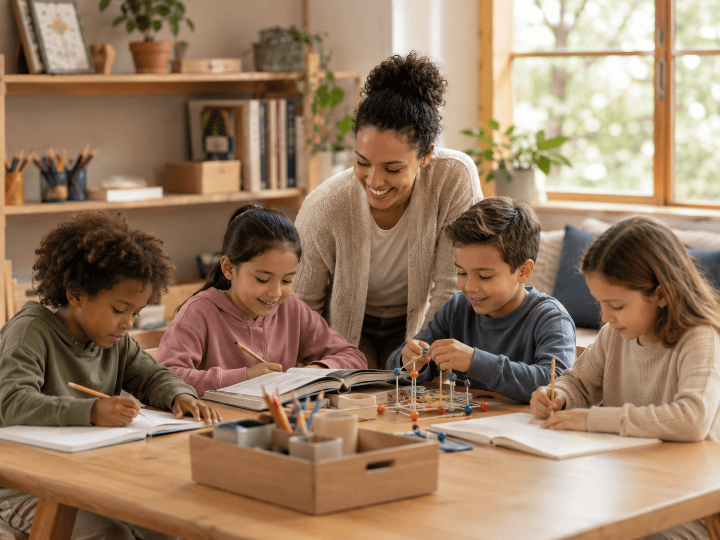 Small group of students revising for exams with a tutor